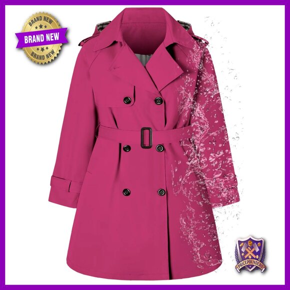 Girls Waterproof Trench Coat Hooded Windbreaker Ruched Waist Dress Look